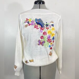 Vintage 80s Embroidered Flowers Butterflies Whimsical Colorful Fairy Romantic Sm